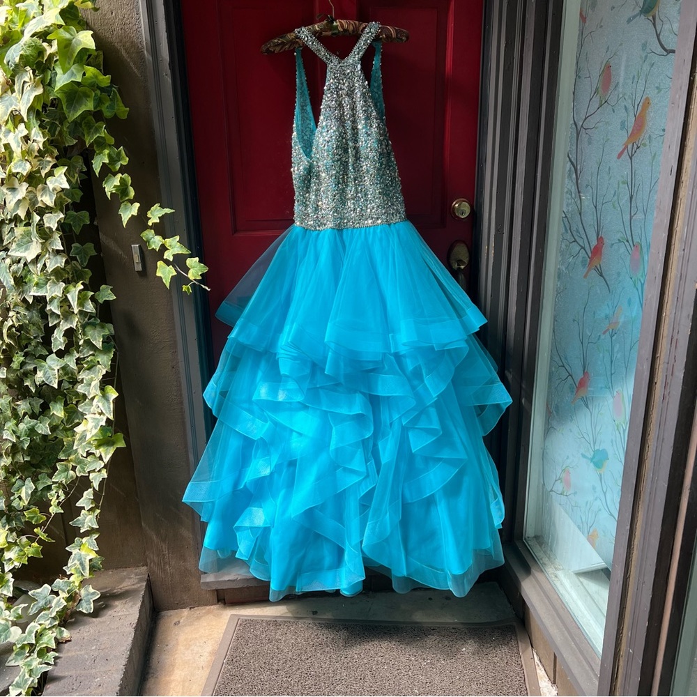 SHERRI HILL Turquoise High Low Tulle Pageant Prom Quinceanera Statement Dress